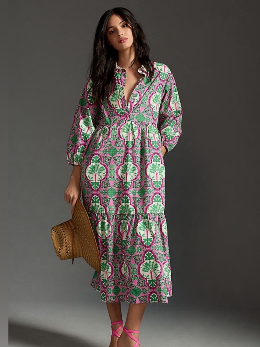 Anthropologie Maeve Bettina Printed Pink & Green Midi Dress - Women SZ XL